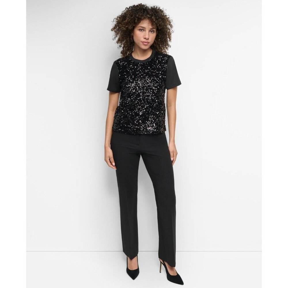 DKNY Women's Crewneck Short-Sleeve Sequin Blouse Black Size M SALE $89 - Picture 2 of 5